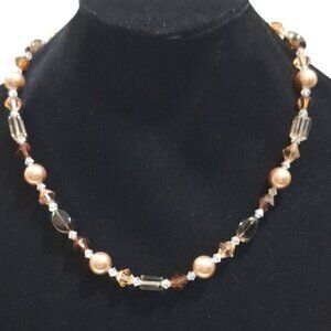 Smokey Topaz Faux Pearl Glass Beaded Necklace 18" 925 Toggle Clasp 36g Handmade